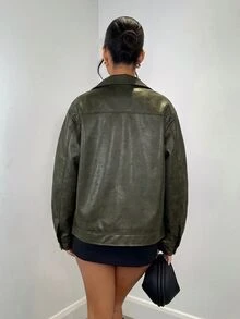SHEIN BAE 長袖棕色人造皮革斑駁紋理束腰下擺機車夾克復古做舊款 - 軍綠色 - 查看 2