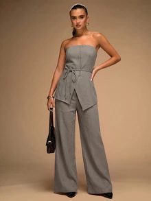 SHEIN BAE 女款純色不對稱下擺細肩帶上衣與長褲時尚套裝 棕色 2件組 - 棕色 - 查看 5