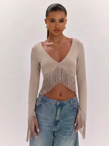 SHEIN BAE 女款純色V領流蘇設計休閒日常穿著上衣 - 卡其色 - 查看 6
