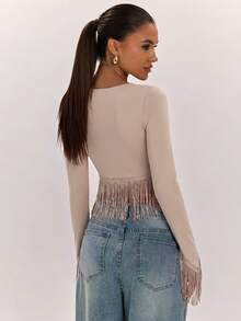 SHEIN BAE 女款純色V領流蘇設計休閒日常穿著上衣 - 卡其色 - 查看 2