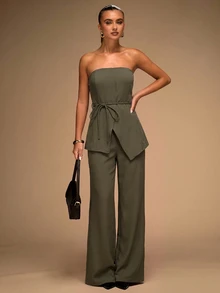 SHEIN BAE 女款純色不對稱下擺細肩帶上衣與長褲時尚套裝 棕色兩件套 - 軍綠色 - 查看 3