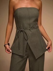 SHEIN BAE 女款純色不對稱下擺細肩帶上衣與長褲時尚套裝 棕色兩件套 - 軍綠色 - 查看 7