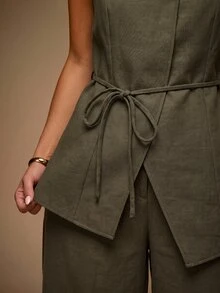 SHEIN BAE 女款純色不對稱下擺細肩帶上衣與長褲時尚套裝 棕色兩件套 - 軍綠色 - 查看 8
