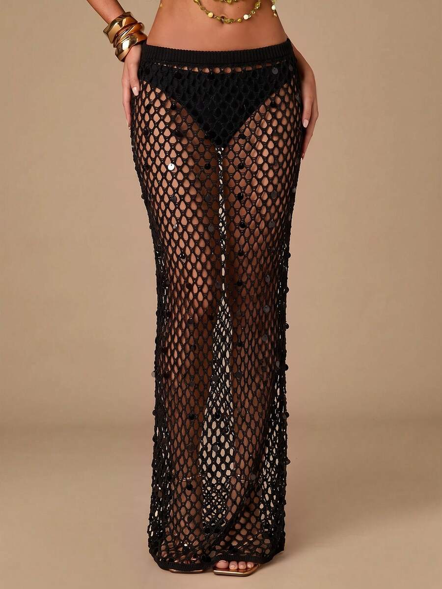 SHEIN BAE 重工串珠性感小眾高端高腰顯瘦裙,度假與派對百搭 - 黑色 - 查看 1