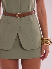 SHEIN BAE Elegant Solid Color Fitted Vest & Skirt Set, Suitable For Autumn/Winter Daily Commute - Mint Green - View 8