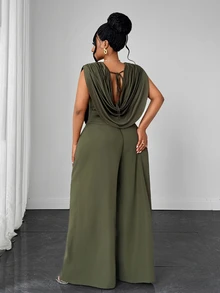 Maweii Plus Size Sexy Cowl Neck Sleeveless Top & High Waist Wide Leg Straight Green Pants 2 Pieces Set - Green - View 4