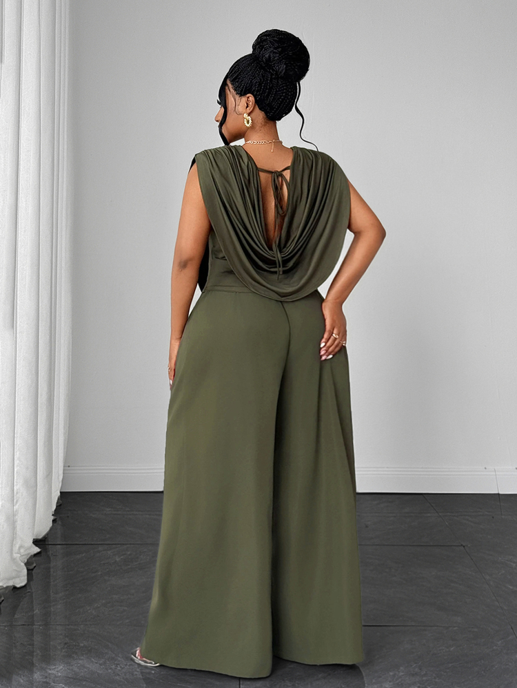 Maweii Plus Size Sexy Cowl Neck Sleeveless Top & High Waist Wide Leg Straight Green Pants 2 Pieces Set - Green - View 4
