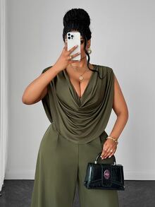 Maweii Plus Size Sexy Cowl Neck Sleeveless Top & High Waist Wide Leg Straight Green Pants 2 Pieces Set - Green - View 3