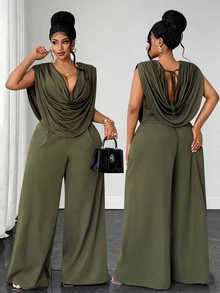 Maweii Plus Size Sexy Cowl Neck Sleeveless Top & High Waist Wide Leg Straight Green Pants 2 Pieces Set - Green - View 1