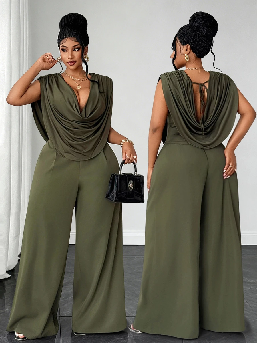 Maweii Plus Size Sexy Cowl Neck Sleeveless Top & High Waist Wide Leg Straight Green Pants 2 Pieces Set - Green - View 1