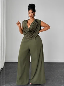 Maweii Plus Size Sexy Cowl Neck Sleeveless Top & High Waist Wide Leg Straight Green Pants 2 Pieces Set - Green - View 5