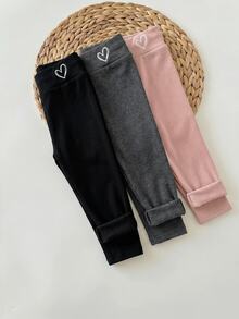 SHEIN 女嬰愛心印花休閒百搭日常穿著秋冬緊身褲 3件/套 - 彩色 - 查看 6