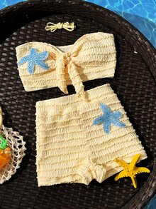 Vaytide 新款春夏两件式纹理面料高腰蝴蝶结吊带比基尼套装，饰有海星图案，适合海滩度假，黑色和蓝色系的热门服装。 - 鵝黃色 - 查看 8