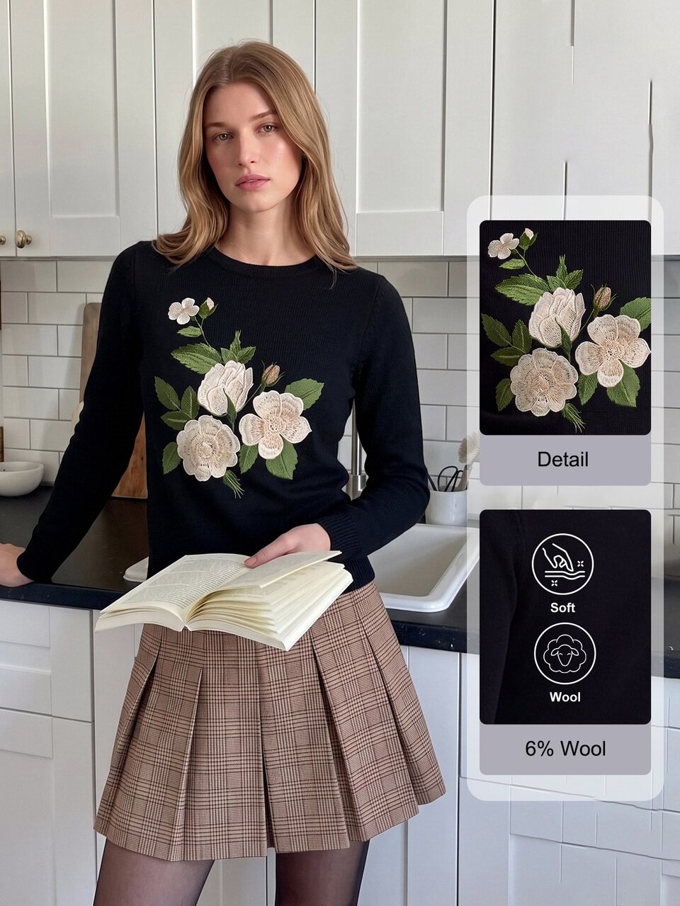 Enchnt Premium Pre-Fall Romantic Women's Elegant Vintage Black Floral Embroidered Wool Sweater,Casual Tops,Festival Outfits,Work Outfits,Daily Outfits