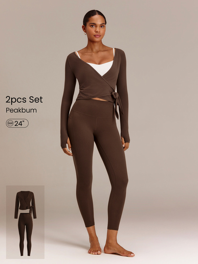 GLOWMODE FeatherFit™ Twist & Glow Wrap Top & High-Waisted Leggings Set With Tie Waist, Thumbholes, Peakbum Lifting & Side Pockets Yoga Studio Daily Wear