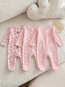 SHEIN 3件組新生女嬰休閒針織花卉彈性連身衣套裝 中性嬰兒服飾 - 粉色 - 查看 2