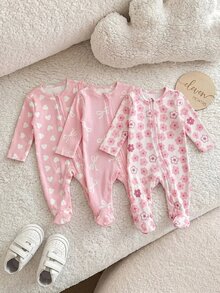 SHEIN 3件組新生女嬰休閒針織花卉彈性連身衣套裝 中性嬰兒服飾 - 粉色 - 查看 3