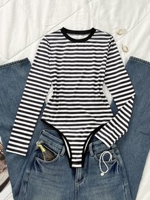 SHEIN LUNE Bodysuit Wanita Bergaris Hitam Putih, Leher Bulat, Lengan Panjang, Pas Badan - Hitam - View 3