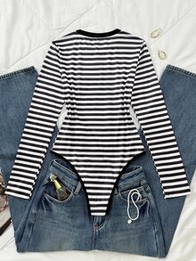 SHEIN LUNE Bodysuit Wanita Bergaris Hitam Putih, Leher Bulat, Lengan Panjang, Pas Badan - Hitam - View 2
