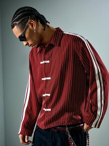 ROMWE MEN Street Life 男士條紋拼接休閒百搭日常通勤襯衫 - 紅色 - 查看 7