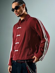ROMWE MEN Street Life 男士條紋拼接休閒百搭日常通勤襯衫 - 紅色 - 查看 9