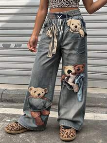青少年女孩數位熊與蝴蝶結圖案運動長褲，休閒舒適秋冬穿搭，休閒、針織、寬鬆、返校季、街頭風、熊 - 彩色 - 查看 4