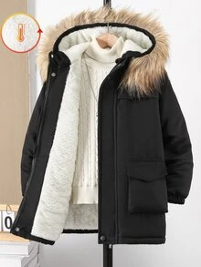 SHEIN Vacaura 大童男孩冬季保暖休閒西式保暖內裡拉鍊拼接毛茸茸連帽填充外套 黑色 - 黑色 - 查看 4