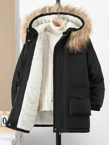 SHEIN Vacaura 大童男孩冬季保暖休閒西式保暖內裡拉鍊拼接毛茸茸連帽填充外套 黑色 - 黑色 - 查看 9