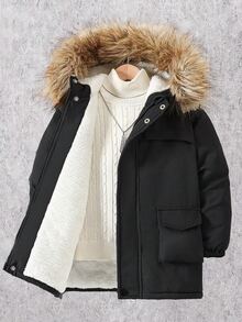 SHEIN Vacaura 大童男孩冬季保暖休閒西式保暖內裡拉鍊拼接毛茸茸連帽填充外套 黑色 - 黑色 - 查看 3