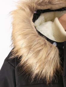 SHEIN Vacaura 大童男孩冬季保暖休閒西式保暖內裡拉鍊拼接毛茸茸連帽填充外套 黑色 - 黑色 - 查看 6