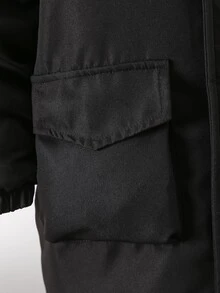 SHEIN Vacaura 大童男孩冬季保暖休閒西式保暖內裡拉鍊拼接毛茸茸連帽填充外套 黑色 - 黑色 - 查看 5