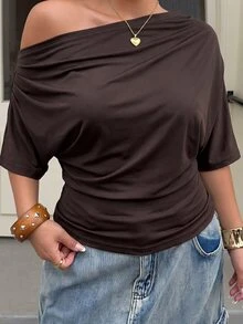 Muchica Chocolate Brown Plus Size Women's Asymmetric Shoulder Pleated Fashion T-Shirt - Chocolate Brown - View 6