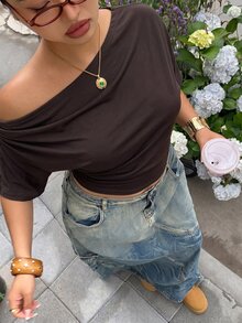 Muchica Chocolate Brown Plus Size Women's Asymmetric Shoulder Pleated Fashion T-Shirt - Chocolate Brown - View 4