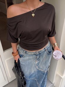 Muchica Chocolate Brown Plus Size Women's Asymmetric Shoulder Pleated Fashion T-Shirt - Chocolate Brown - View 5