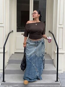 Muchica Chocolate Brown Plus Size Women's Asymmetric Shoulder Pleated Fashion T-Shirt - Chocolate Brown - View 3