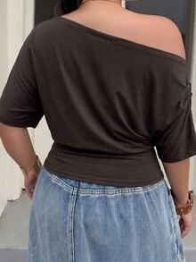 Muchica Chocolate Brown Plus Size Women's Asymmetric Shoulder Pleated Fashion T-Shirt - Chocolate Brown - View 2
