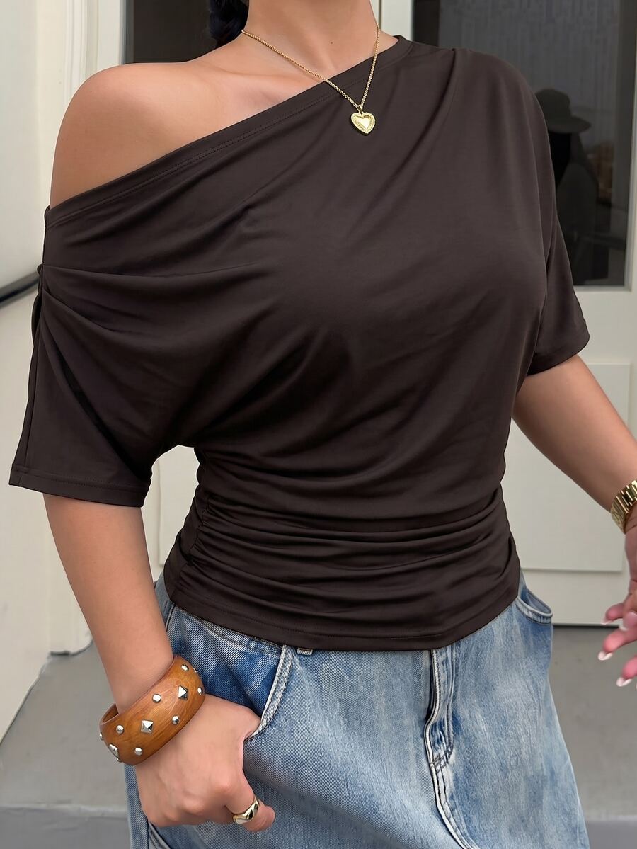 Muchica Chocolate Brown Plus Size Women's Asymmetric Shoulder Pleated Fashion T-Shirt - Chocolate Brown - View 1