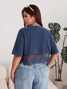 Solflare Plus Size Women's Lace Patchwork Casual Versatile Daily Wear T-Shirt - Navy Blue - View 2