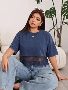 Solflare Plus Size Women's Lace Patchwork Casual Versatile Daily Wear T-Shirt - Navy Blue - View 3