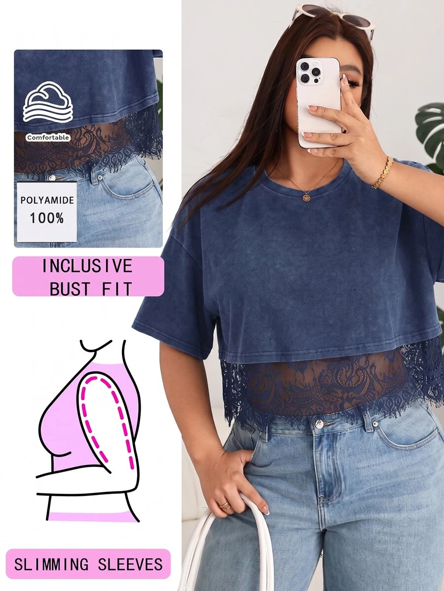 Solflare Plus Size Women's Lace Patchwork Casual Versatile Daily Wear T-Shirt - Navy Blue - View 1