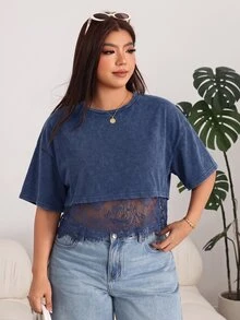 Solflare Plus Size Women's Lace Patchwork Casual Versatile Daily Wear T-Shirt - Navy Blue - View 4