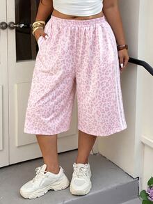 Muchica Leopard Print Casual Plus Size Women's Side Stripe Wide Leg Mid-Length Pants - Multicolor - View 5