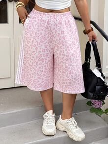 Muchica Leopard Print Casual Plus Size Women's Side Stripe Wide Leg Mid-Length Pants - Multicolor - View 3