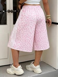 Muchica Leopard Print Casual Plus Size Women's Side Stripe Wide Leg Mid-Length Pants - Multicolor - View 2