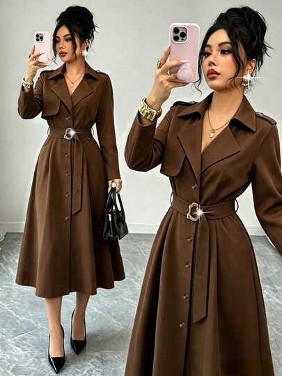 Elenzga Ny trenchcoatjacka för kvinnor med slagkrage, axelrem, vindavvisande panel i ett stycke, bälte med asymmetriskt metallspänne, elegant vintage, mångsidig för pendling och dagligt bruk