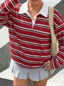 Muchica Women's Plus Size Striped Button Half-Placket Long Sleeve T-Shirt Fall - Red - View 4