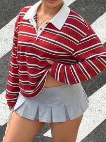 Muchica Women's Plus Size Striped Button Half-Placket Long Sleeve T-Shirt Fall - Red - View 3