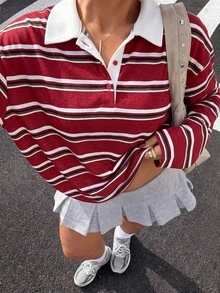 Muchica Women's Plus Size Striped Button Half-Placket Long Sleeve T-Shirt Fall - Red - View 1