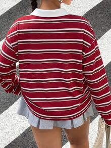 Muchica Women's Plus Size Striped Button Half-Placket Long Sleeve T-Shirt Fall - Red - View 2