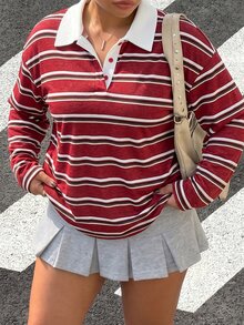 Muchica Women's Plus Size Striped Button Half-Placket Long Sleeve T-Shirt Fall - Red - View 5